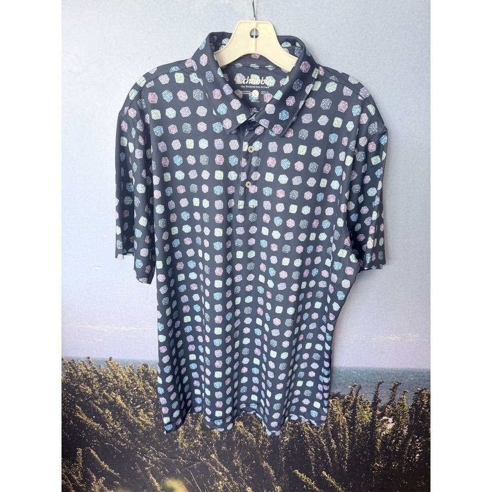 Chubbies Polo Shirt L Multicolor Dice Print Stretch Casino Golf